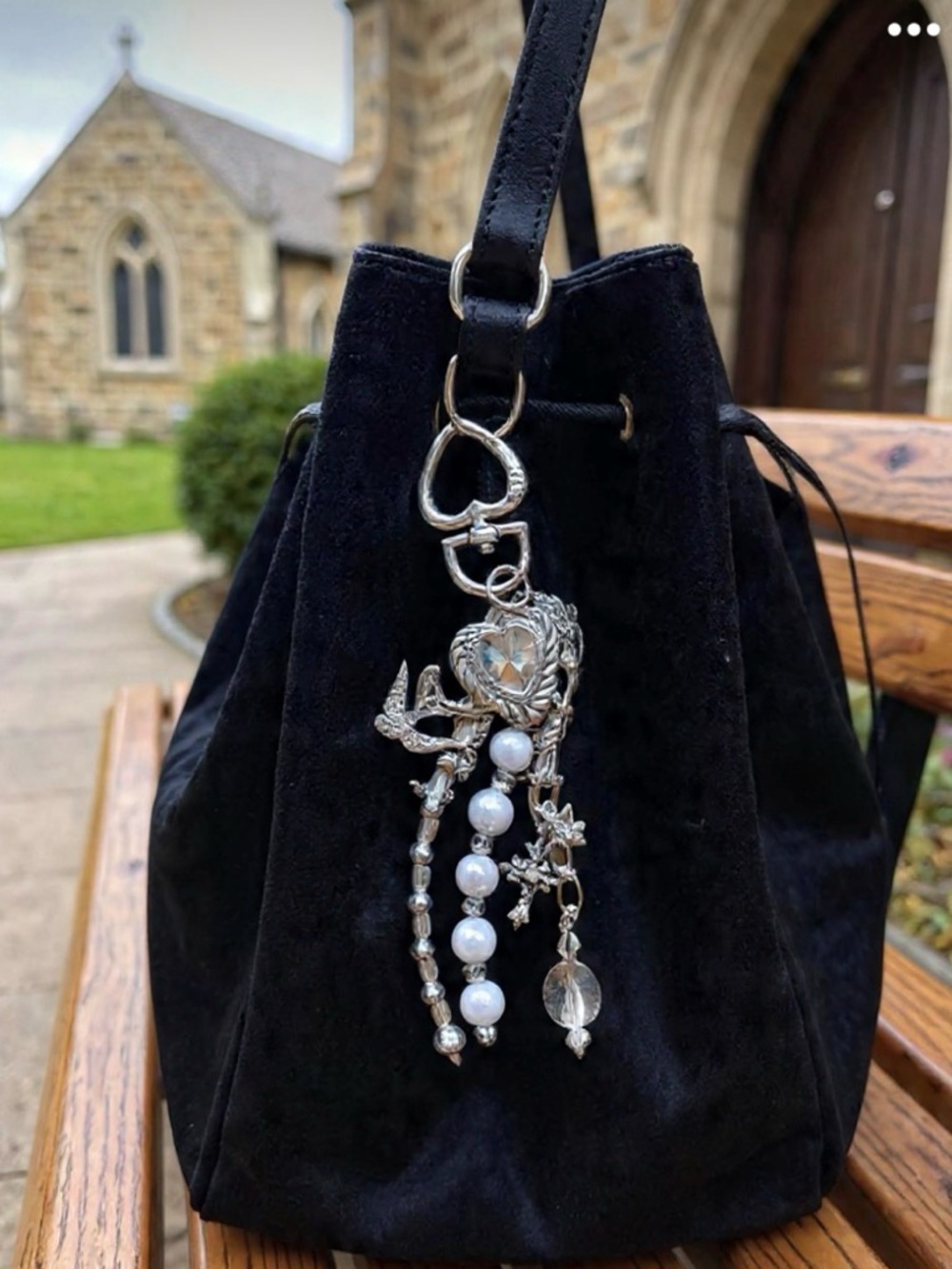 Silver Heart & Charm Keychain with Crystal and Beads